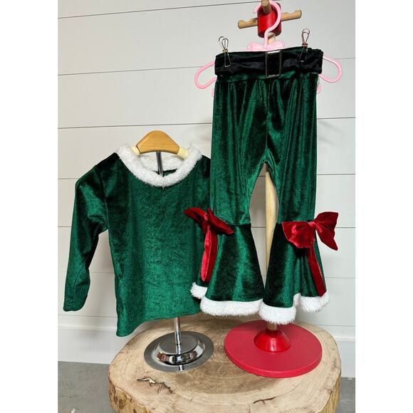 Two Piece Christmas Green Velvet Shirt and Bell Bottom Pants size 90 - Picture 2 of 5